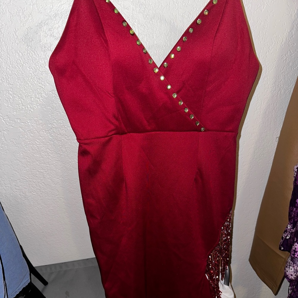 Burgundy High Slit Rhinestone Fringe Gown